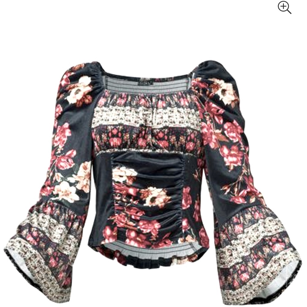 VENUS Boho Top, Bell-Sleeves, Black With Floral/Cream Border, Size: Small NWOT - Picture 5 of 5